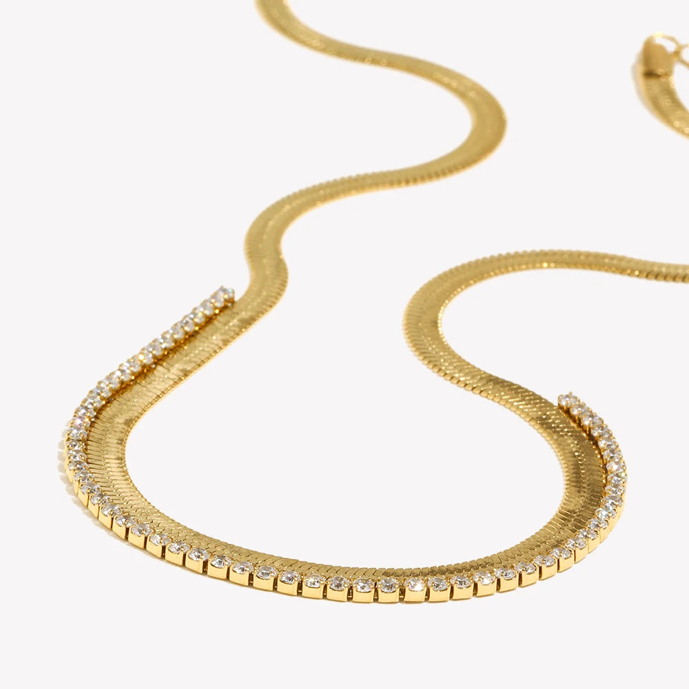 Gold Herringbone & Crystal Tennis Necklace
