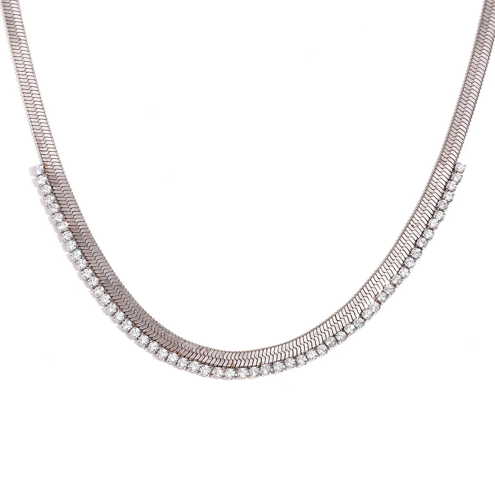 Gold Herringbone & Crystal Tennis Necklace