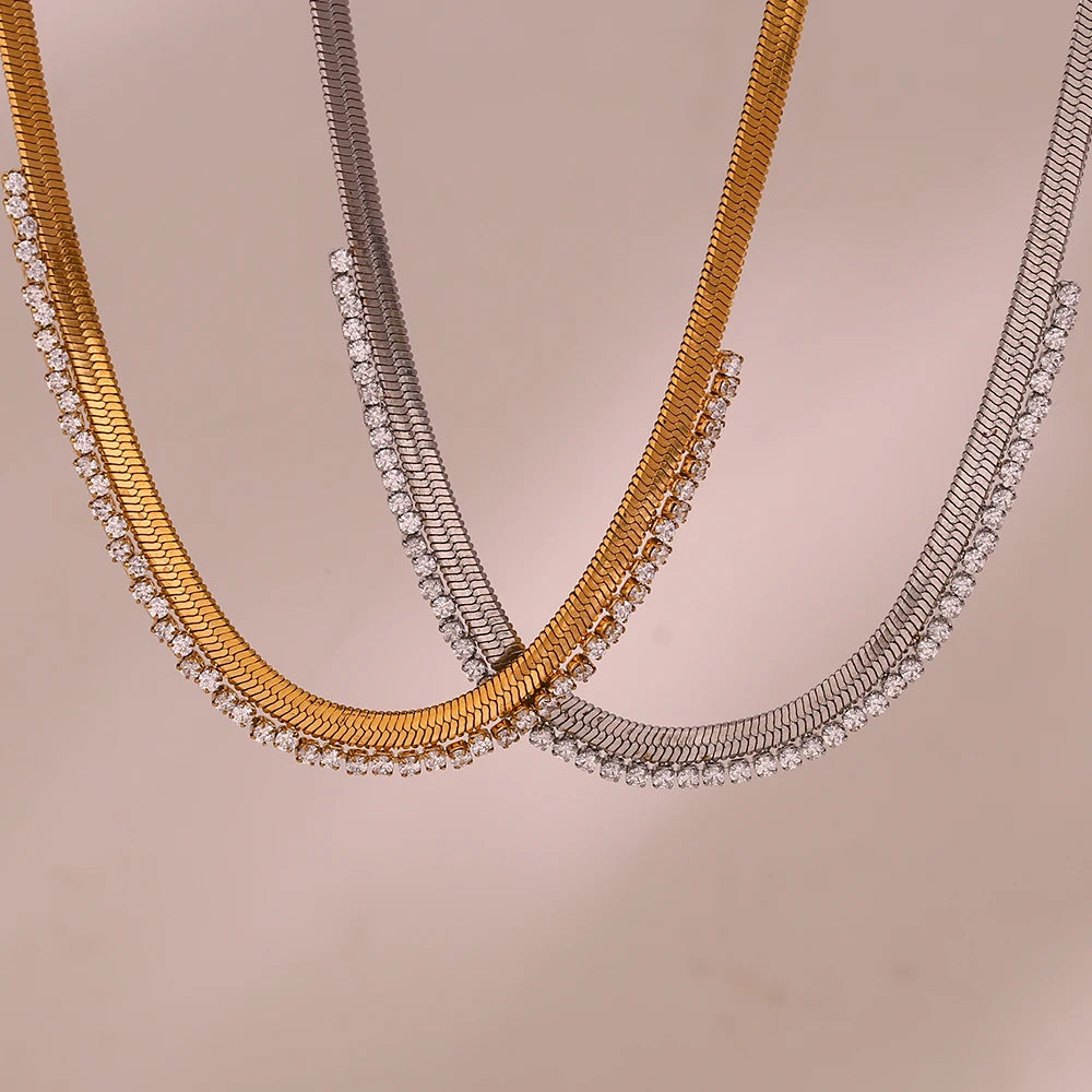 Gold Herringbone & Crystal Tennis Necklace