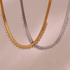 Gold Herringbone & Crystal Tennis Necklace