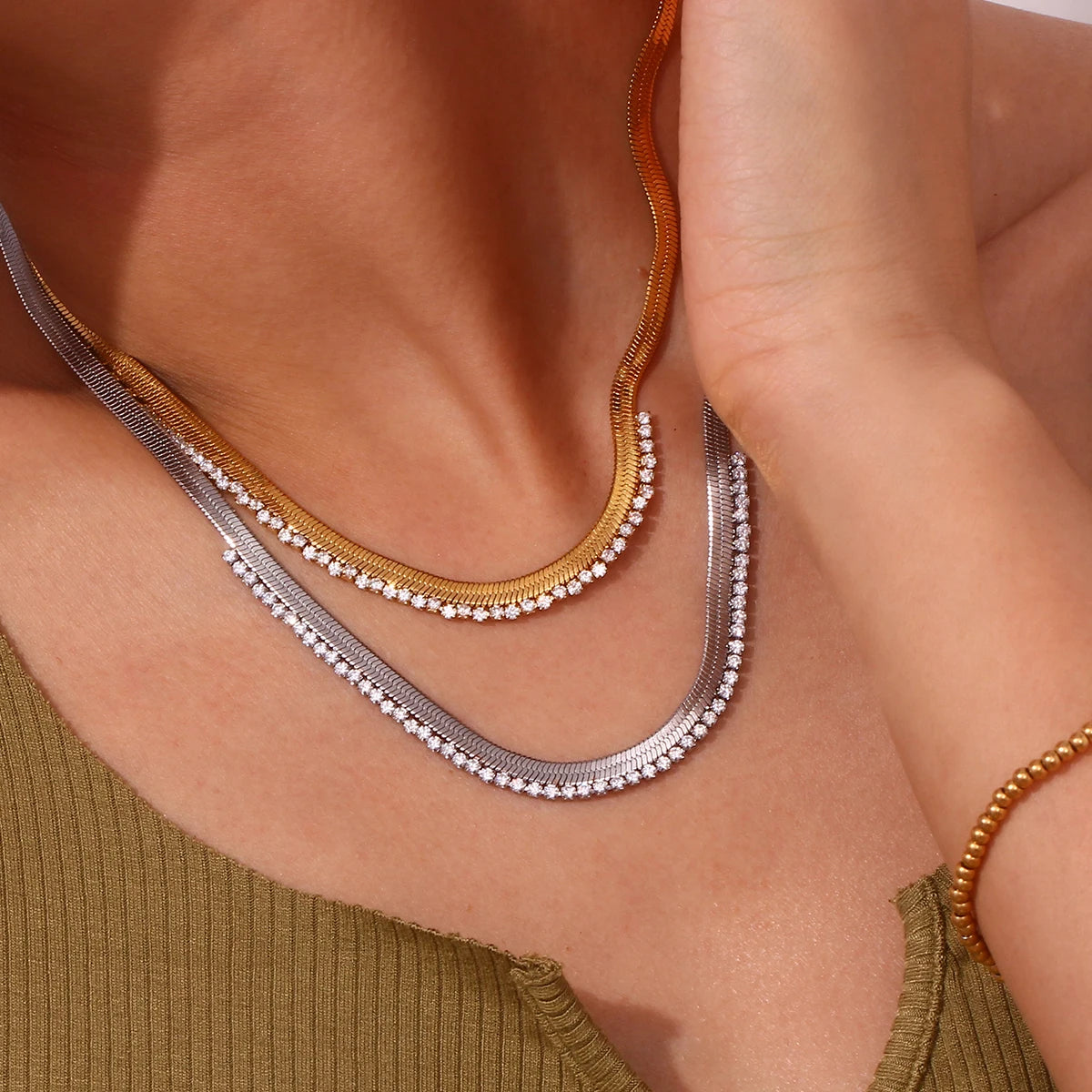 Gold Herringbone & Crystal Tennis Necklace