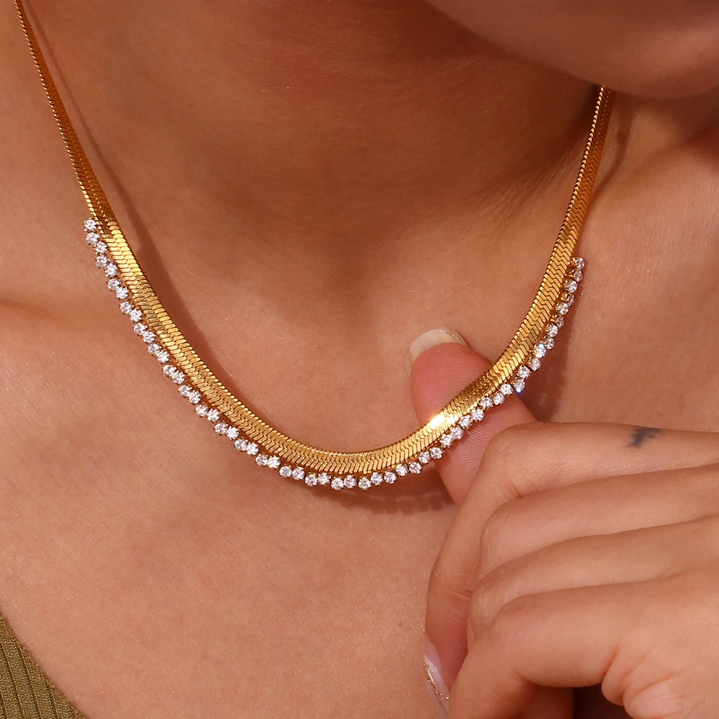 Gold Herringbone & Crystal Tennis Necklace