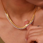 Gold Herringbone & Crystal Tennis Necklace